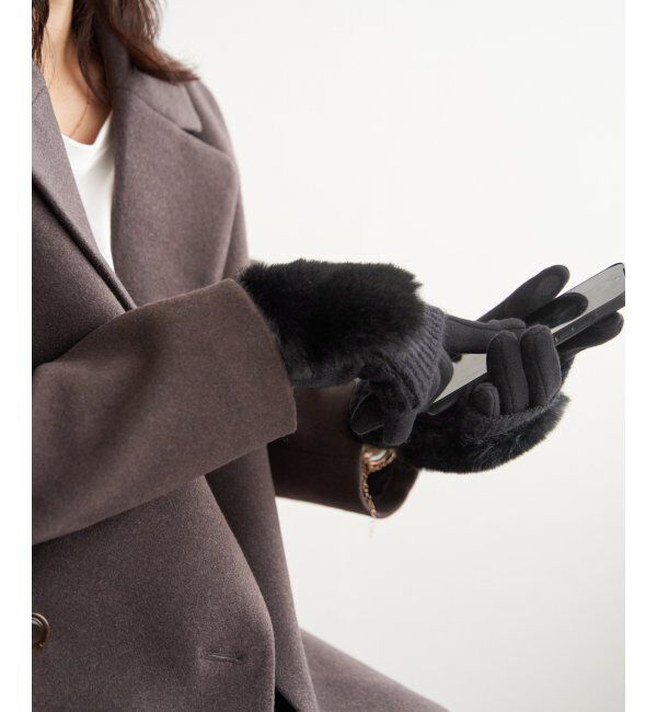 ikka「3WAYファー&ニットグローブ」|手袋|ブラック