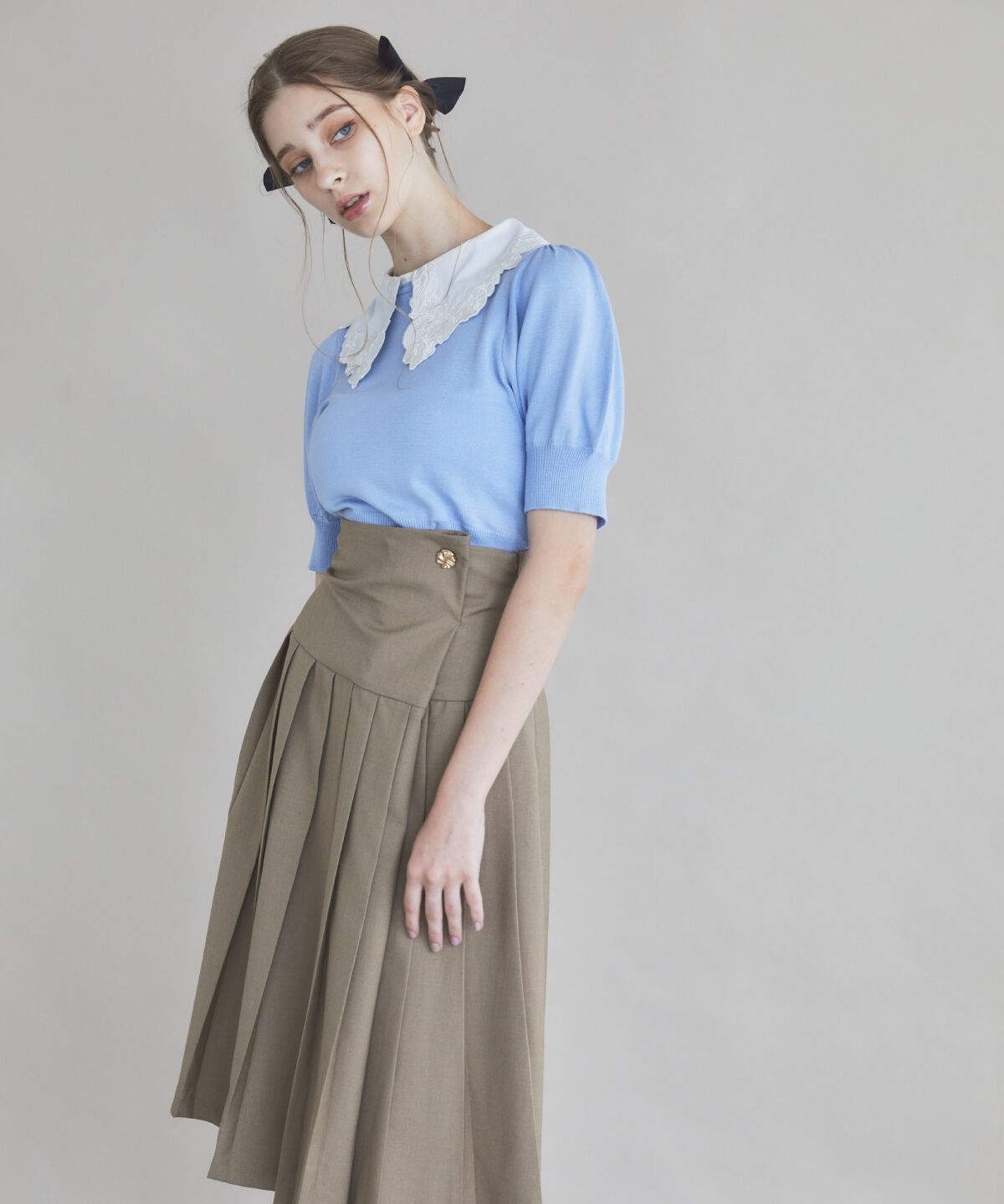 REDYAZEL「ロースイッチングプリーツスカート」|フレア|ベージュ
