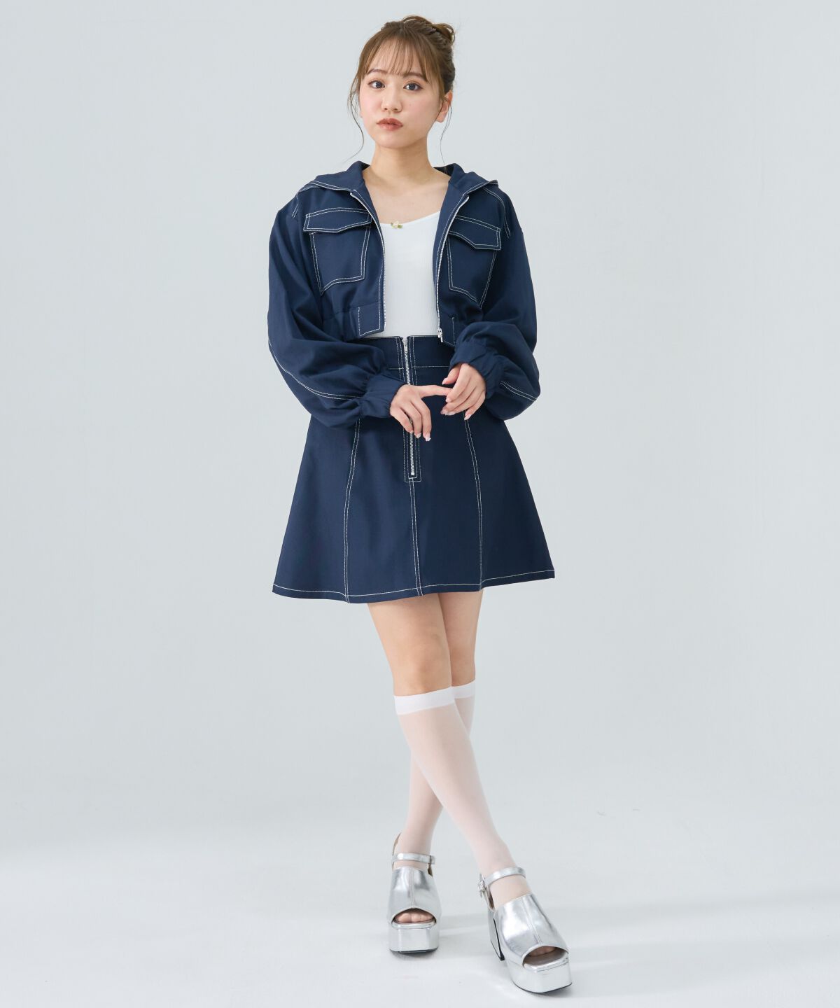 REDYAZEL「バイカラーステッチフレアミニスカート」|フレア|