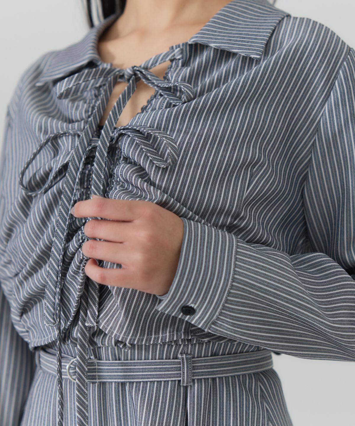 REDYAZEL「フロントシャーリングシャツ＆ストライプミニワンピースセット」|ワンピース|