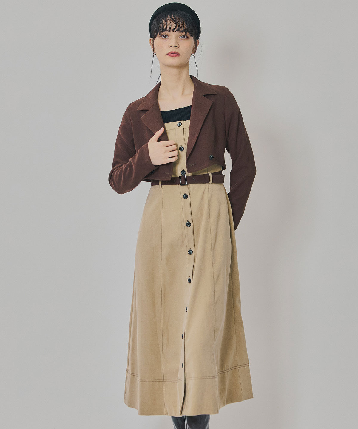 REDYAZEL「スエードライクショートジャケット&times;バイカラーワンピースセットアップ」|ワンピース|