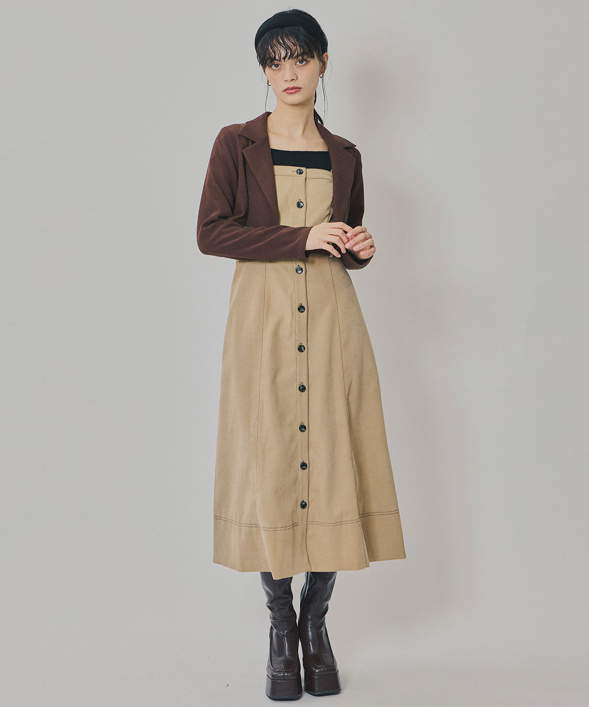 REDYAZEL「スエードライクショートジャケット&times;バイカラーワンピースセットアップ」|ワンピース|