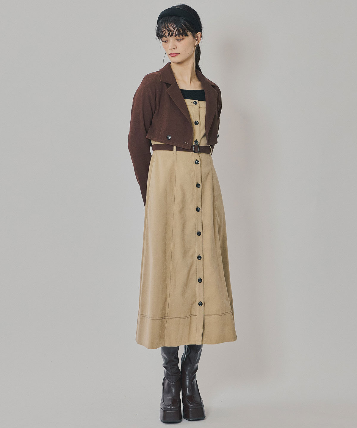 REDYAZEL「スエードライクショートジャケット&times;バイカラーワンピースセットアップ」|ワンピース|