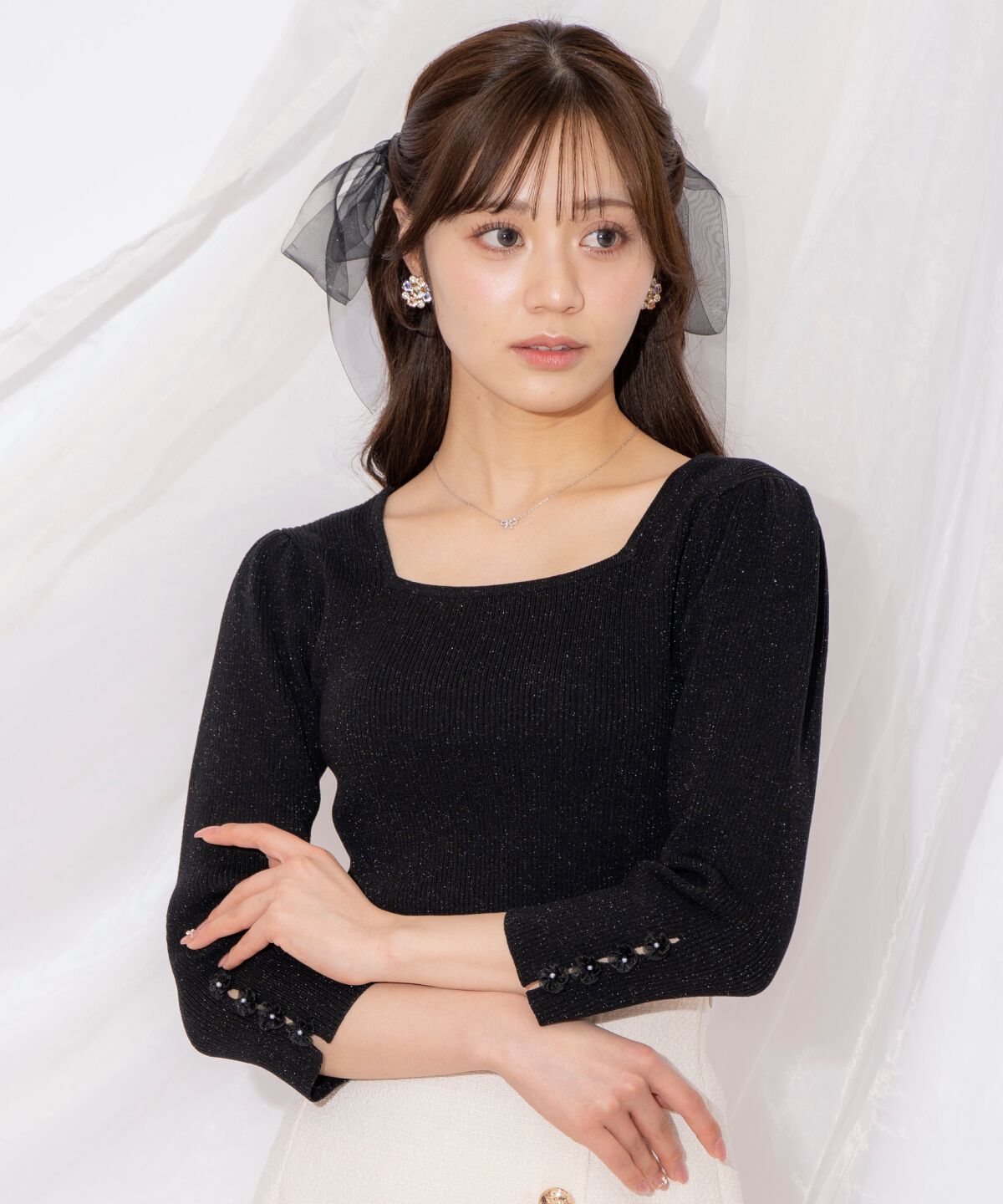 WILLSELECTION「袖フラワーラメ7分袖ニットプルオーバー」|ニット・セーター|ブラック