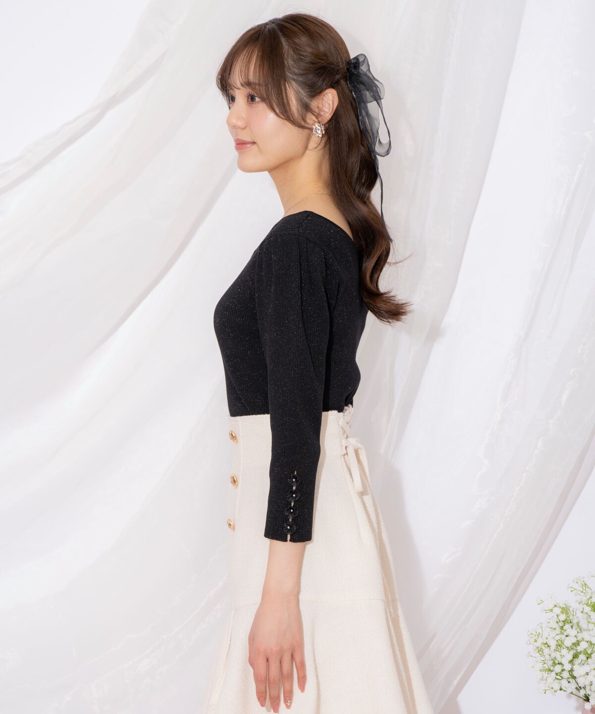 WILLSELECTION「袖フラワーラメ7分袖ニットプルオーバー」|ニット・セーター|