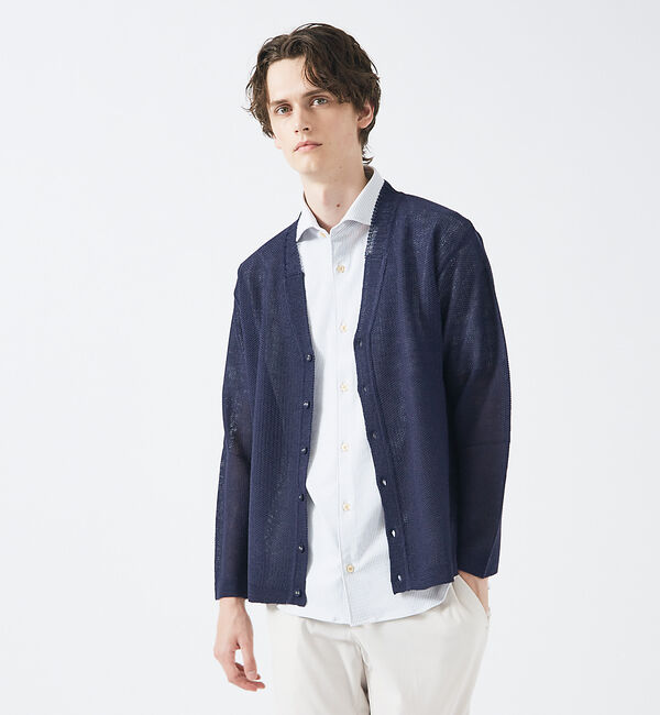 ABAHOUSE「【メッシュ編み】レーヨン&times;ラミー　シアーカーディガン」|カーディガン|ネイビー
