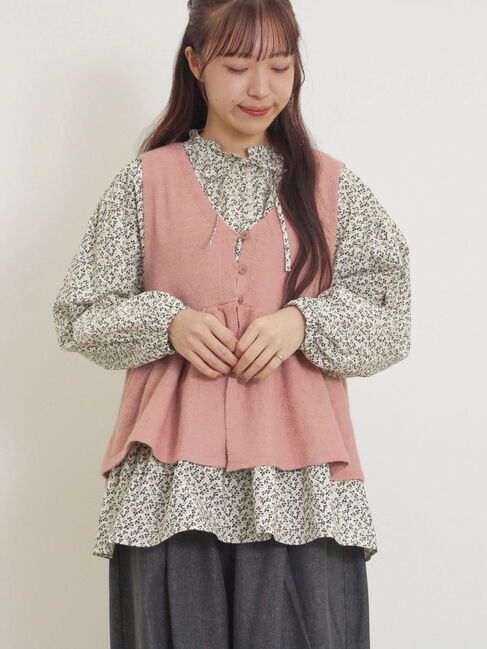 Samansa Mos2「Vネック裾フリル前後2WAYニットベスト」|ダウンベスト・ベスト|ピンク