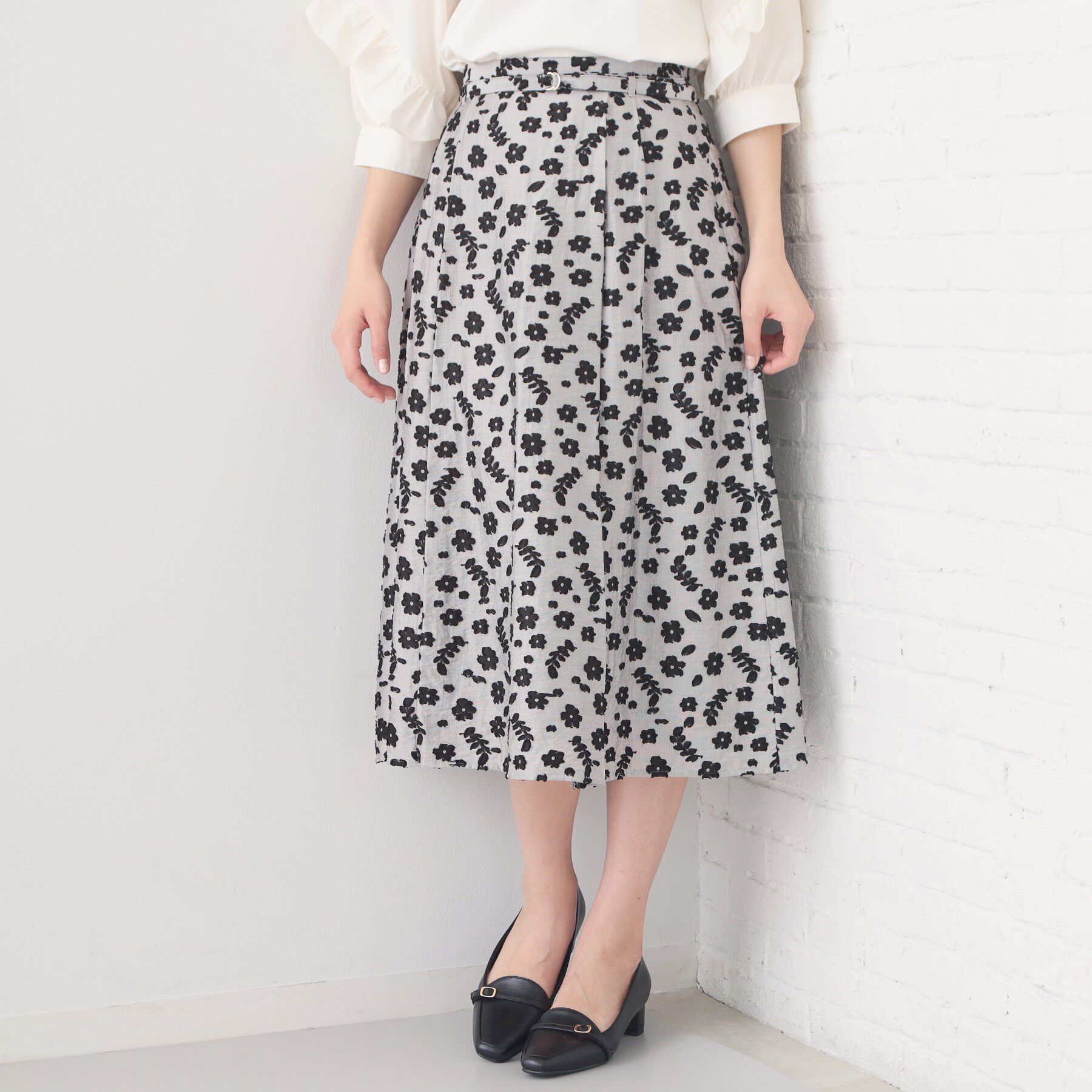 index「麻調花柄ジャカードフレアスカート【ハンドウォッシャブル】」|スカート|