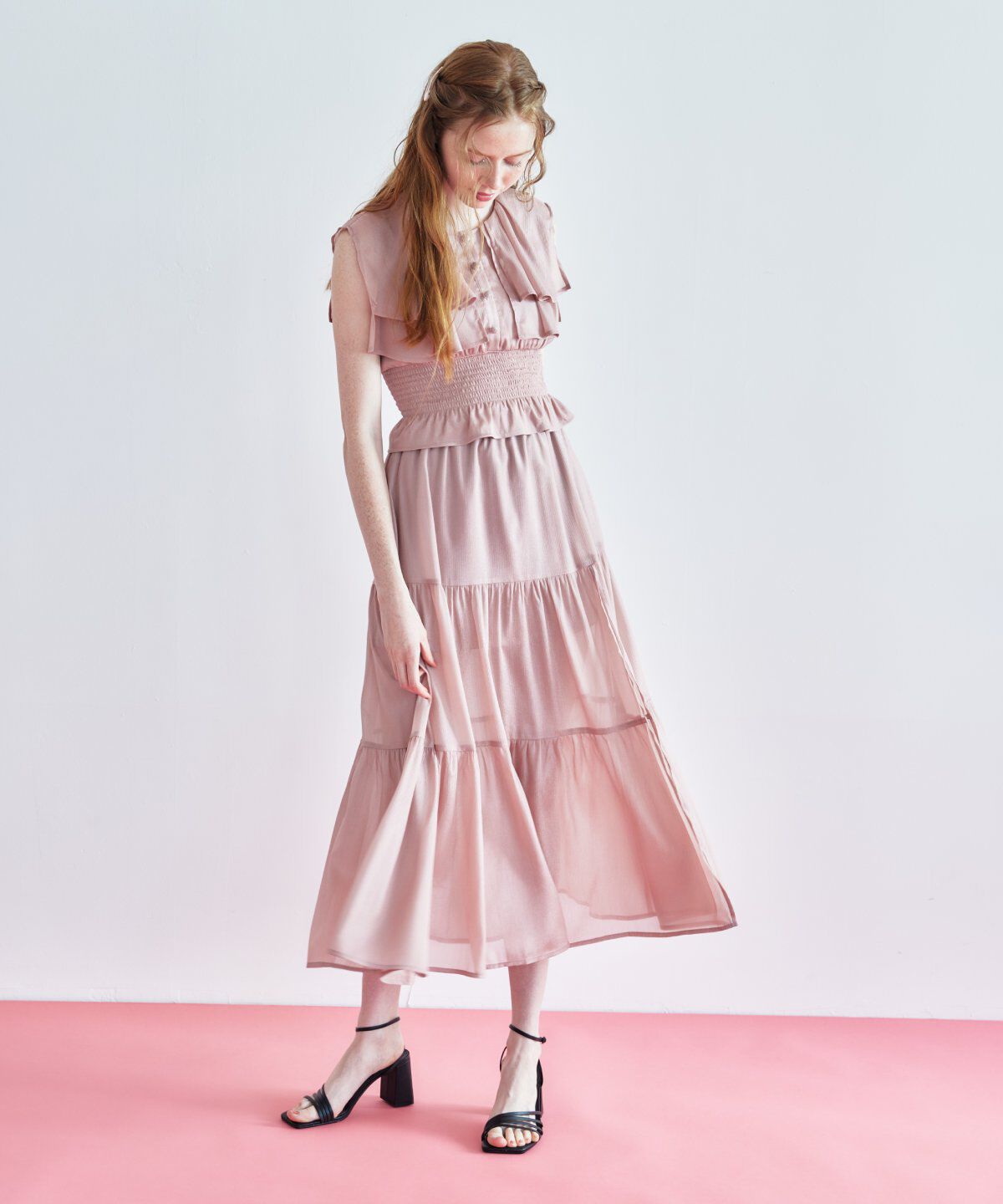 REDYAZEL「シャイニー楊柳ティアードスカート」|フレア|