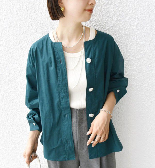 SHIPS for women「【WEB限定】 〈洗濯機可能〉タイプライター ビジュー ボタン ロングスリーブ ブラウス」|シャツ・ブラウス|グリーン