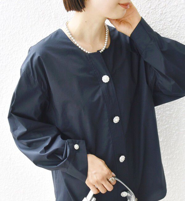 SHIPS for women「【WEB限定】 〈洗濯機可能〉タイプライター ビジュー ボタン ロングスリーブ ブラウス」|シャツ・ブラウス|ネイビー