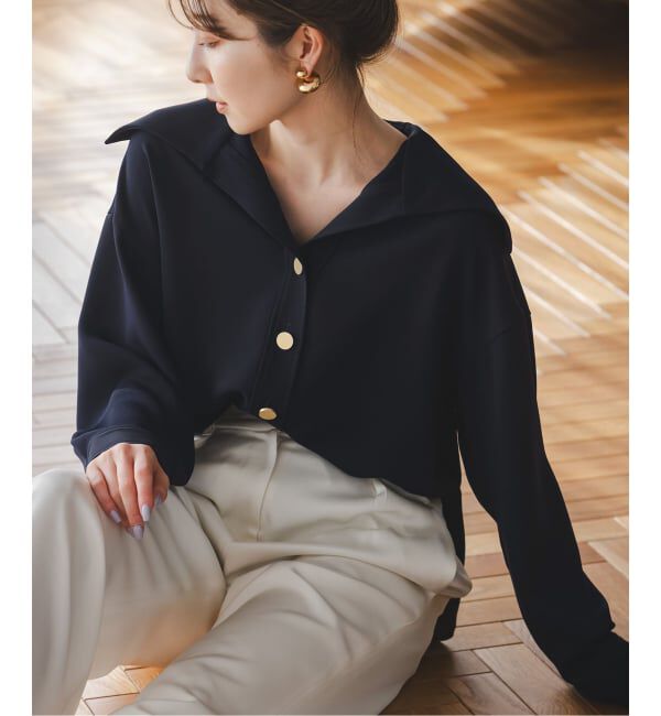 NOBLE「オーバーカラーゴールドボタンブラウス」|シャツ・ブラウス|ネイビー