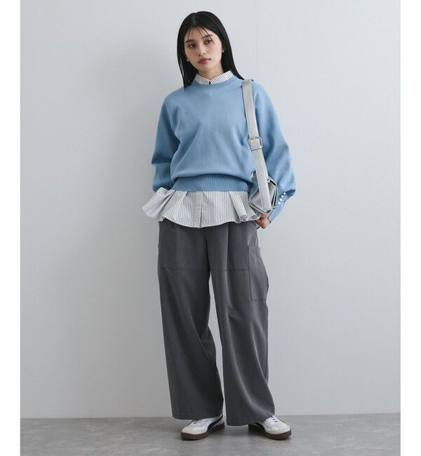 VIS「【洗える/アンチピリング】シルバー釦アクセントスリーブクルーネックニット」|ニット・セーター|