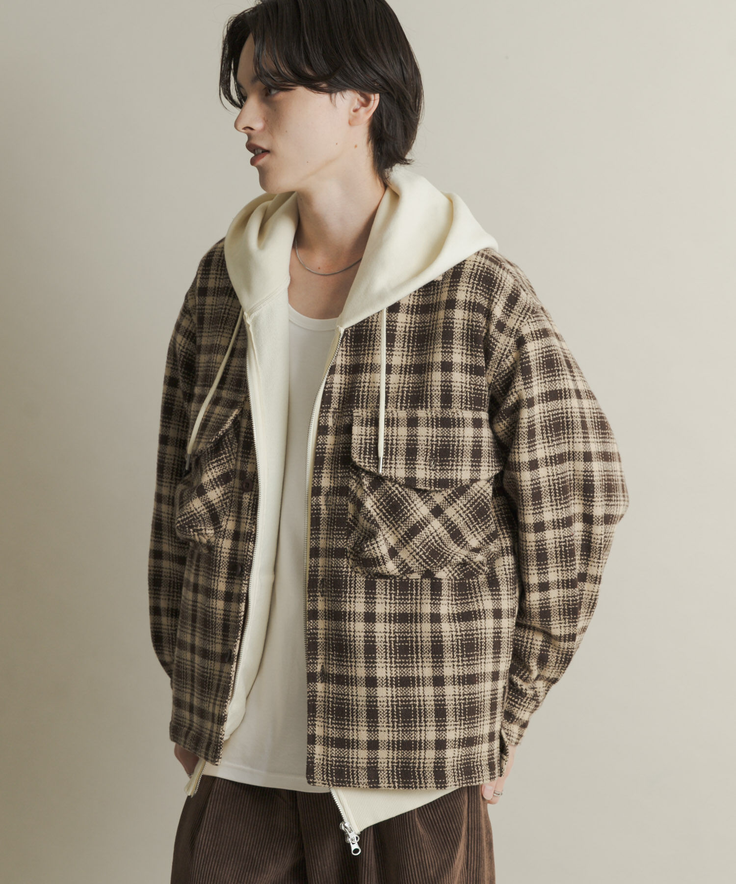 SENSE OF PLACE by URBAN RESEARCH「ヘビーネルチェックシャツジャケット」|ノーカラーコート|