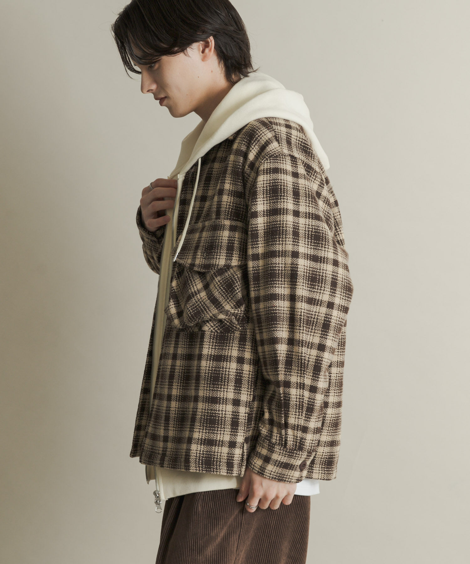 SENSE OF PLACE by URBAN RESEARCH「ヘビーネルチェックシャツジャケット」|ノーカラーコート|