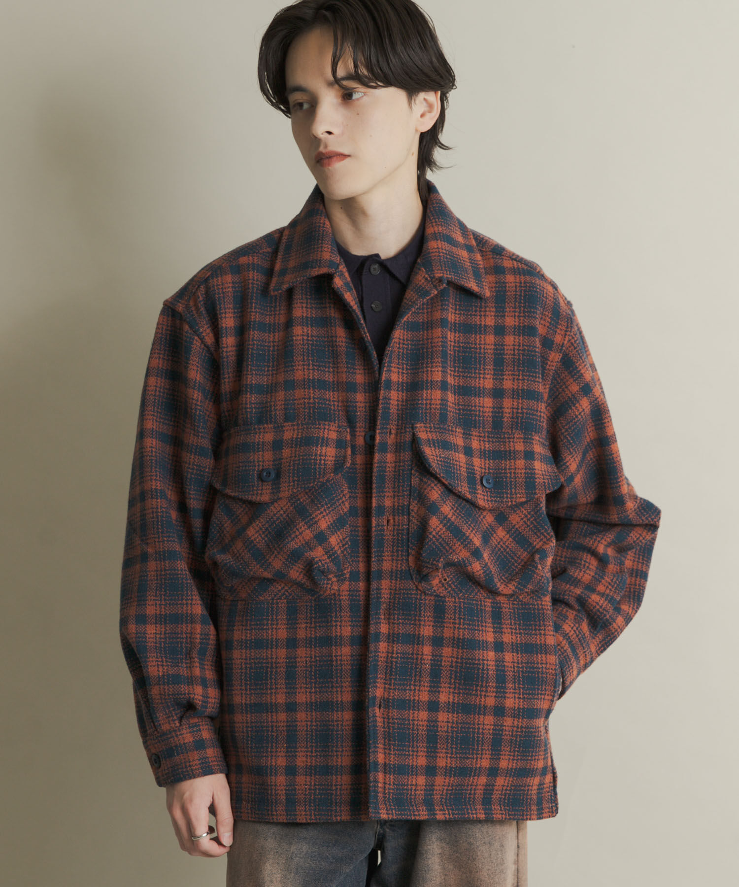 SENSE OF PLACE by URBAN RESEARCH「ヘビーネルチェックシャツジャケット」|ノーカラーコート|ネイビー