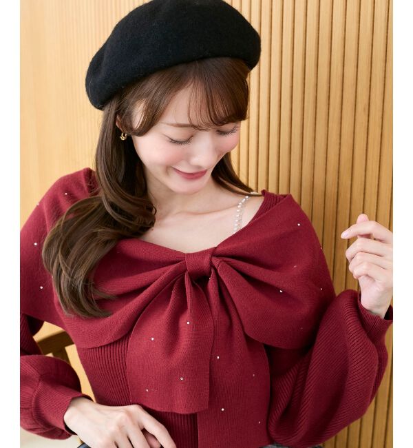  「ビジューリボンオフショルニット」|ニット・セーター|