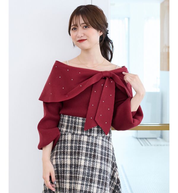  「ビジューリボンオフショルニット」|ニット・セーター|