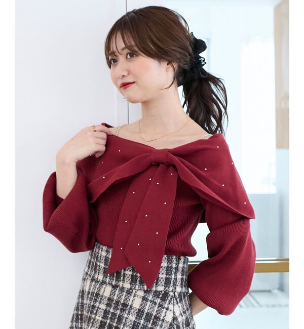  「ビジューリボンオフショルニット」|ニット・セーター|