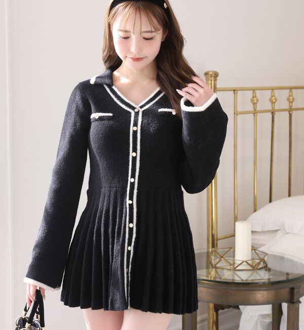  「襟付き配色ニットミニワンピース」|ワンピース|