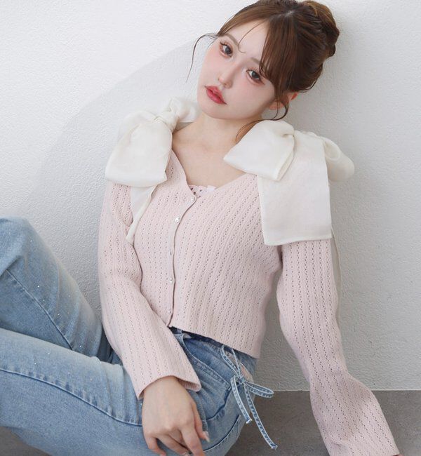  「キラキラボタンアイレットカーデ」|ニット・セーター|