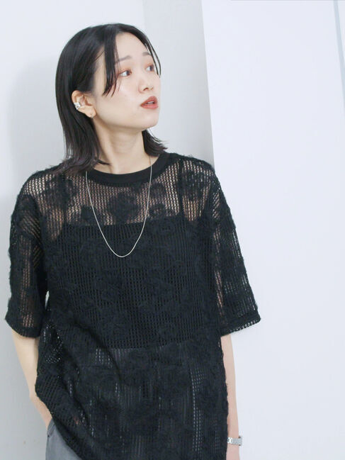 Samansa Mos2 blue「チュールフラワーコードTシャツ」|Tシャツ・カットソー|