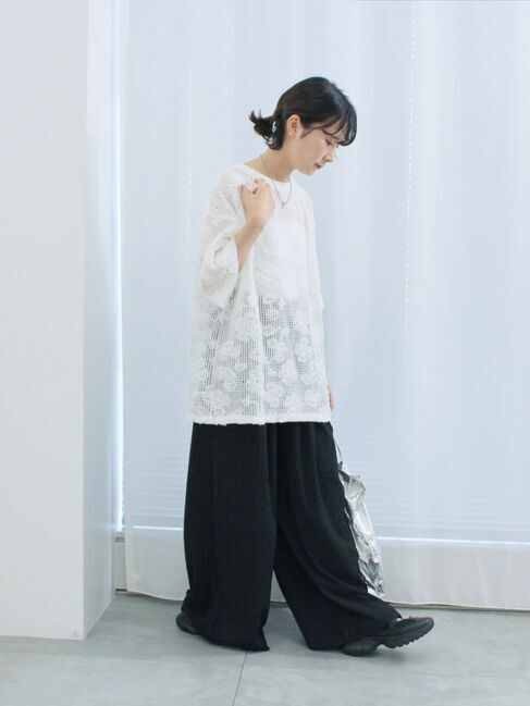 Samansa Mos2 blue「チュールフラワーコードTシャツ」|Tシャツ・カットソー|