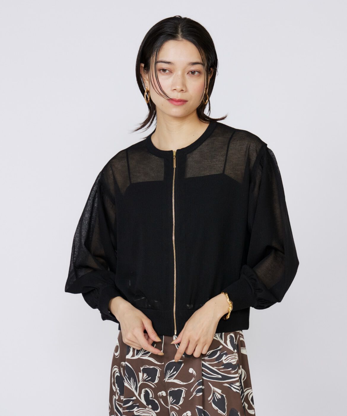 INED「シアーニットジップアップカーディガン」|カーディガン|