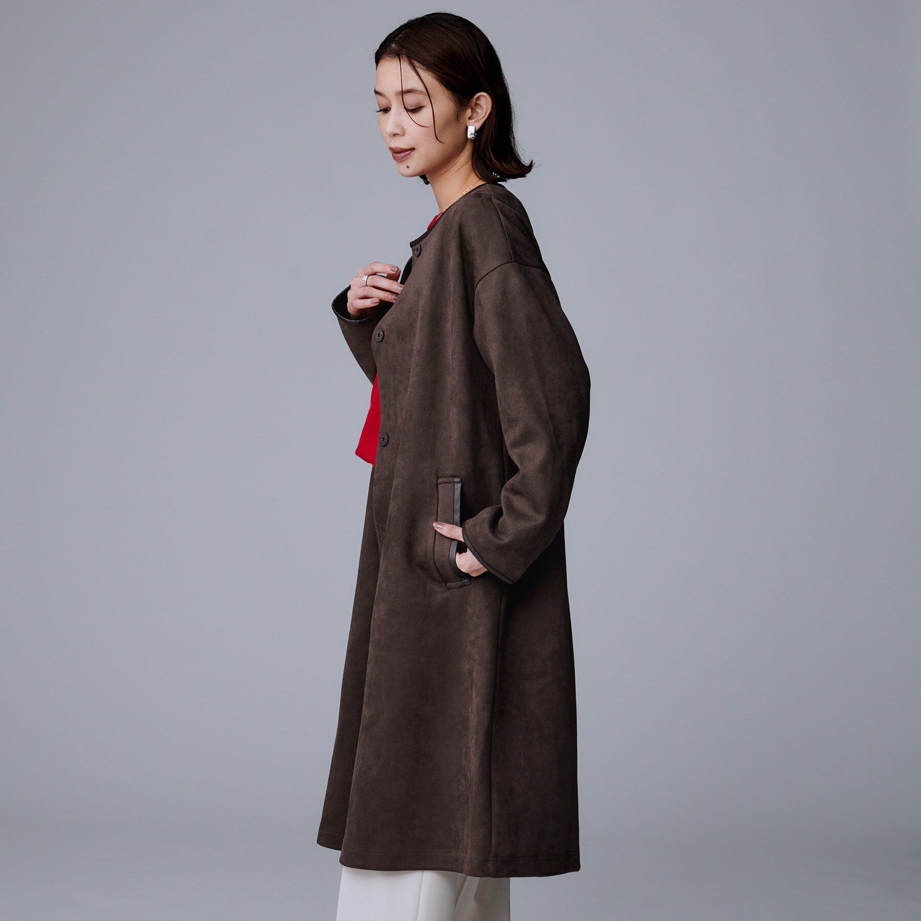 UNTITLED「【洗える/軽羽織り】マシュマロタッチ　スエード調コート」|ノーカラーコート|