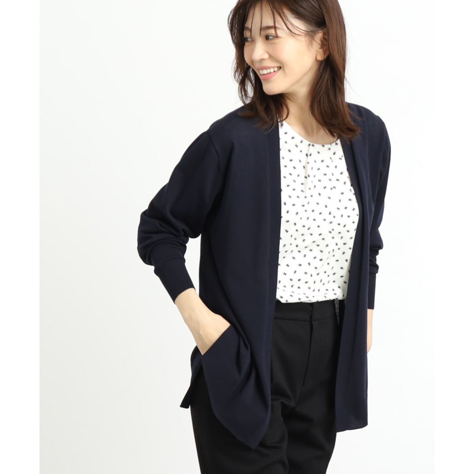 Reflect「【夏SALE／単品使いもできる】プリントブラウス着流しカーディガンニット」|カーディガン|ネイビー(094)