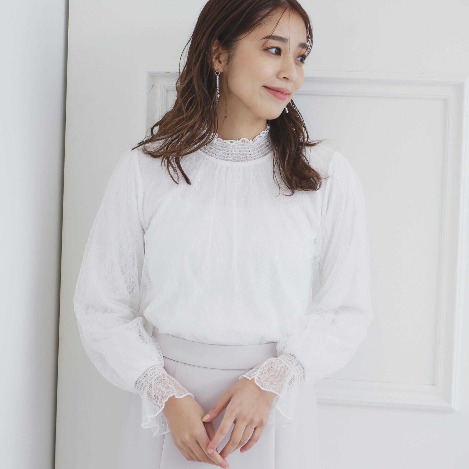 index「シャーリング総レーストップス【洗濯機洗い可】」|Tシャツ・カットソー|オフホワイト(003