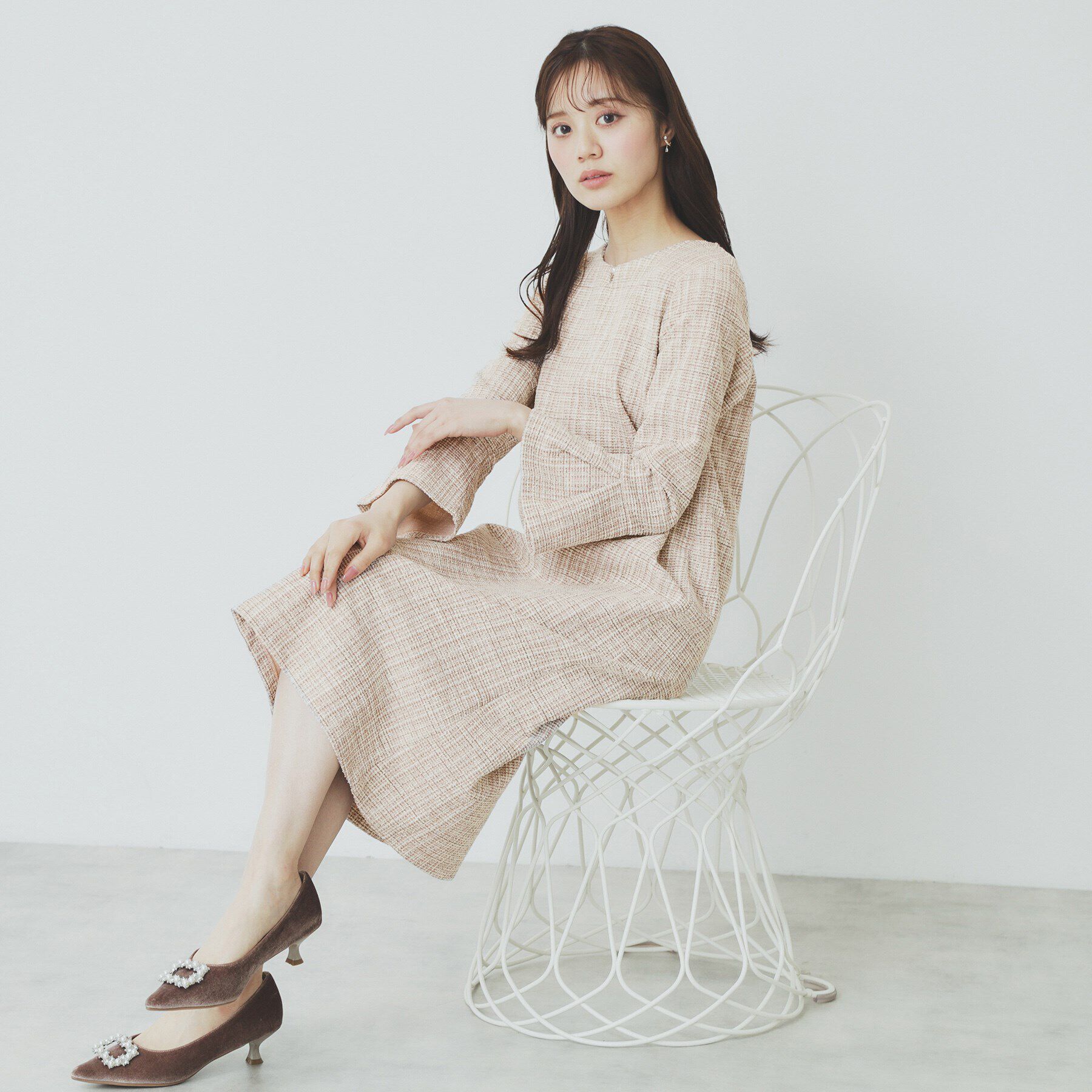 index「ストレッチラメツイードワンピース【洗濯機洗い可】」|ワンピース|ピンクベージュ(45