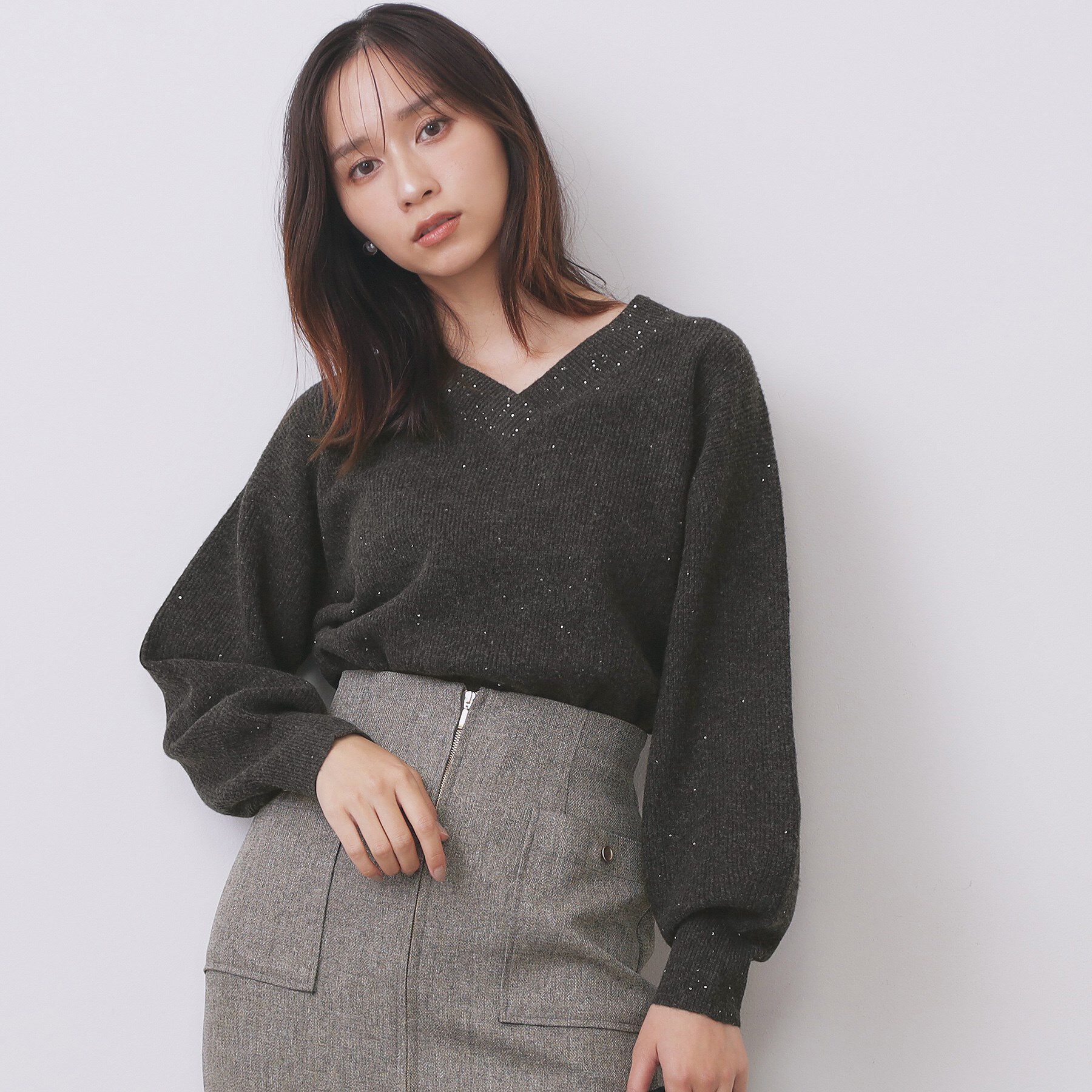 index「片畦Vネックボクシーパフニット【洗濯機OK】」|ニット・セーター|チャコールグレー(8