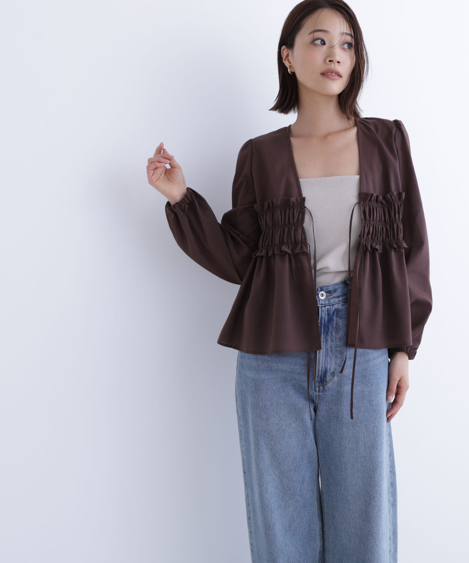  「Vネックシャーリングペプラムブラウス」|シャツ・ブラウス|