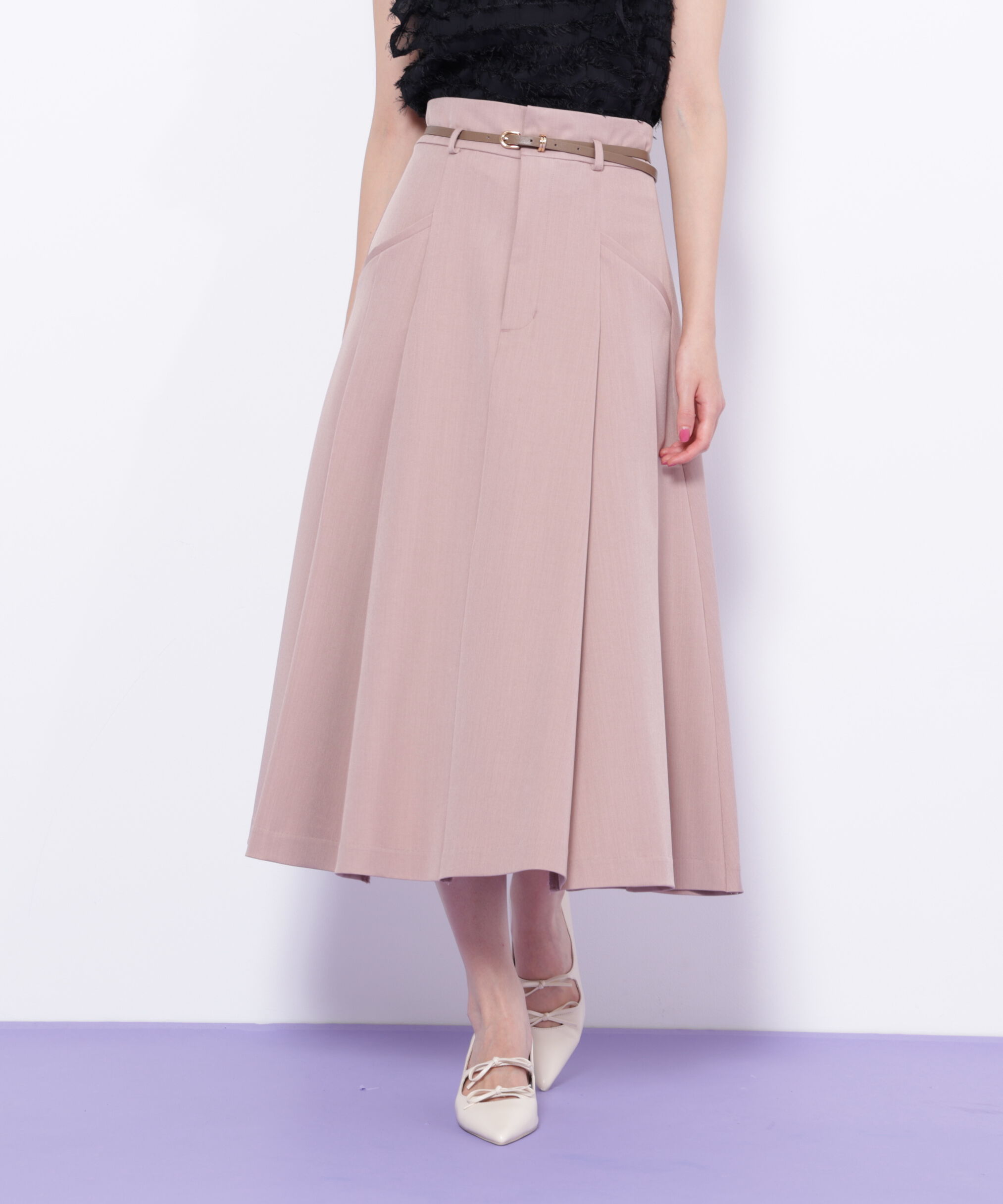  「ベルト付タックフレアスカート」|スカート|ピンク