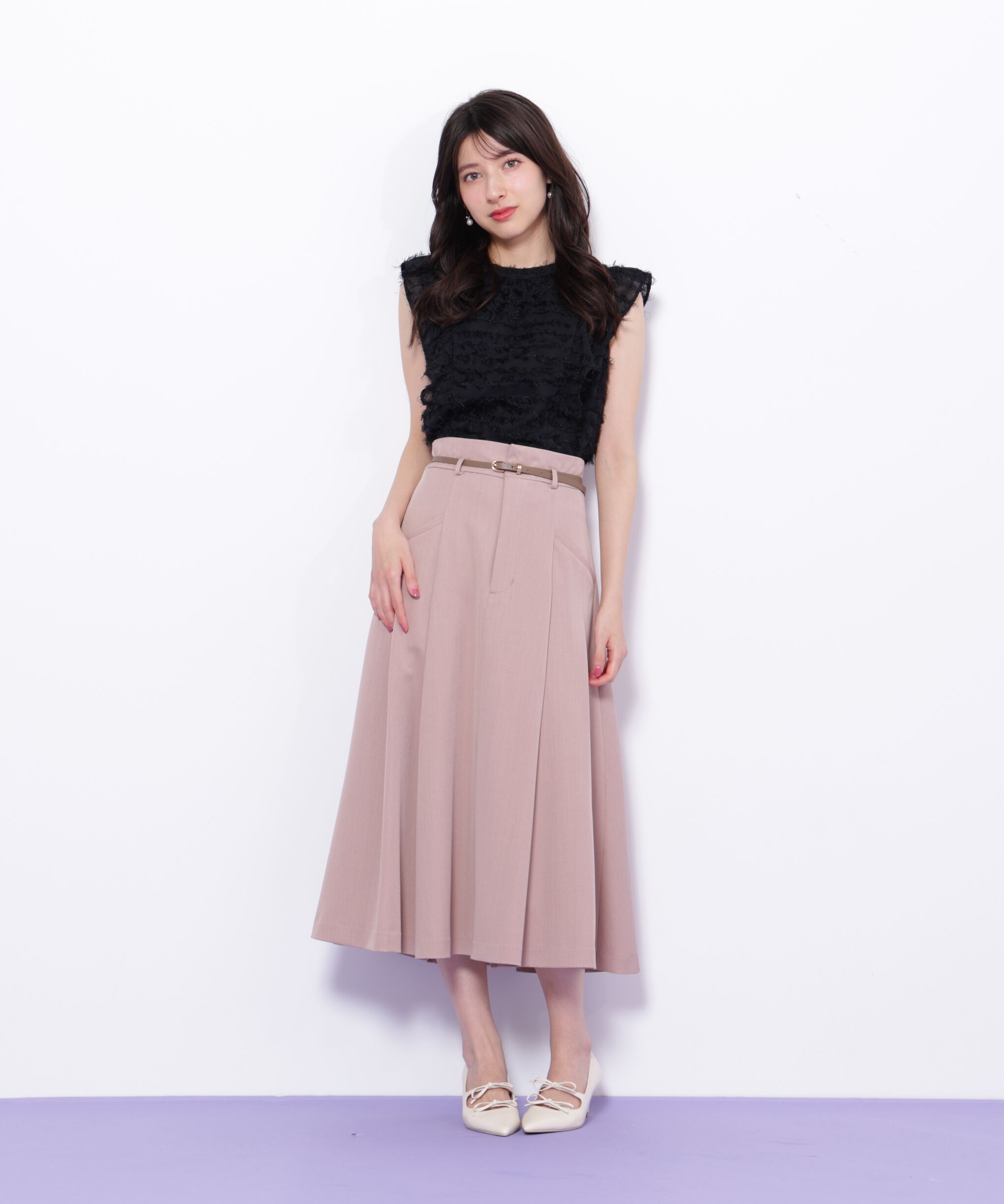  「ベルト付タックフレアスカート」|スカート|