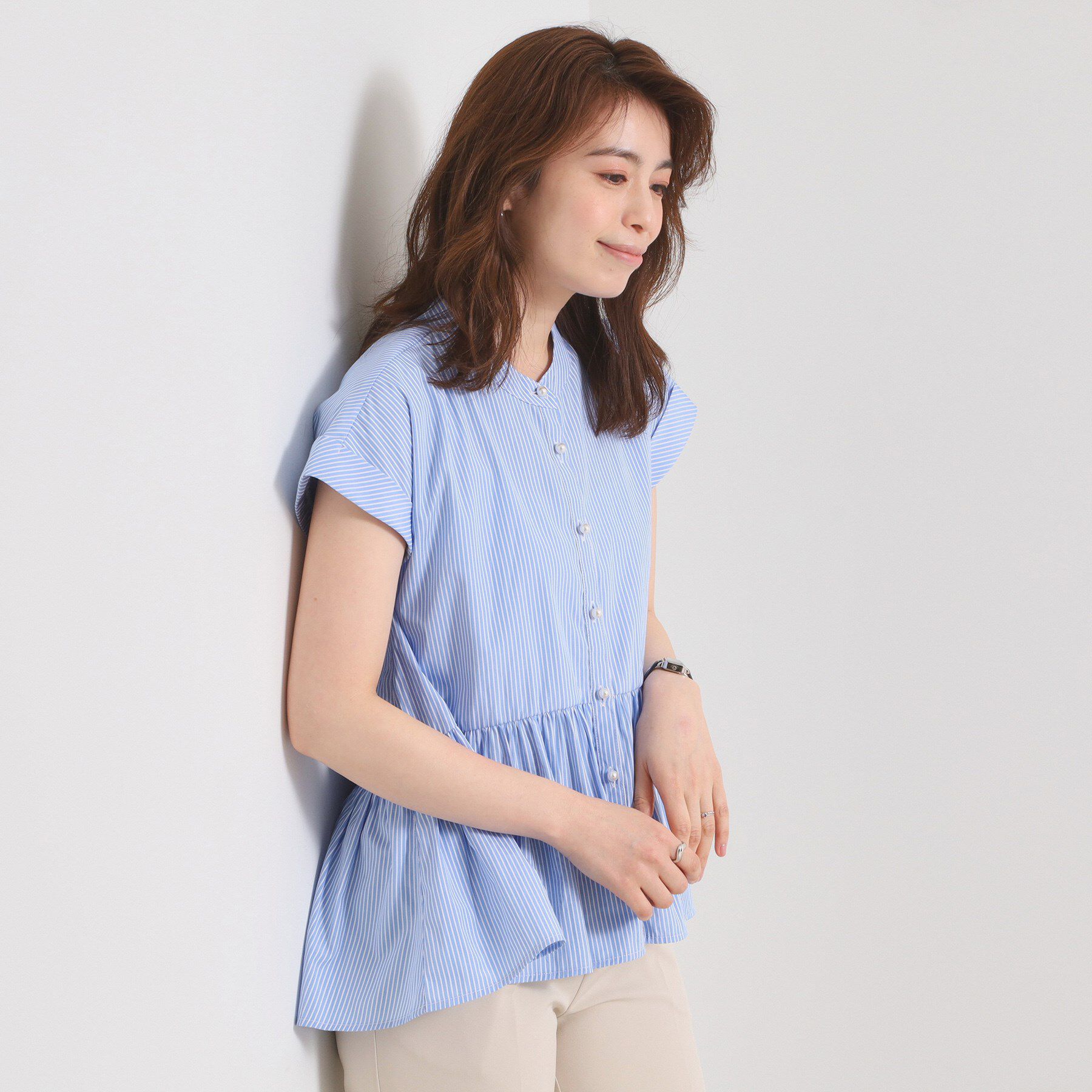 ITS&rsquo;DEMO「【接触冷感／手洗い可】ストライプペプラムブラウス」|シャツ・ブラウス|