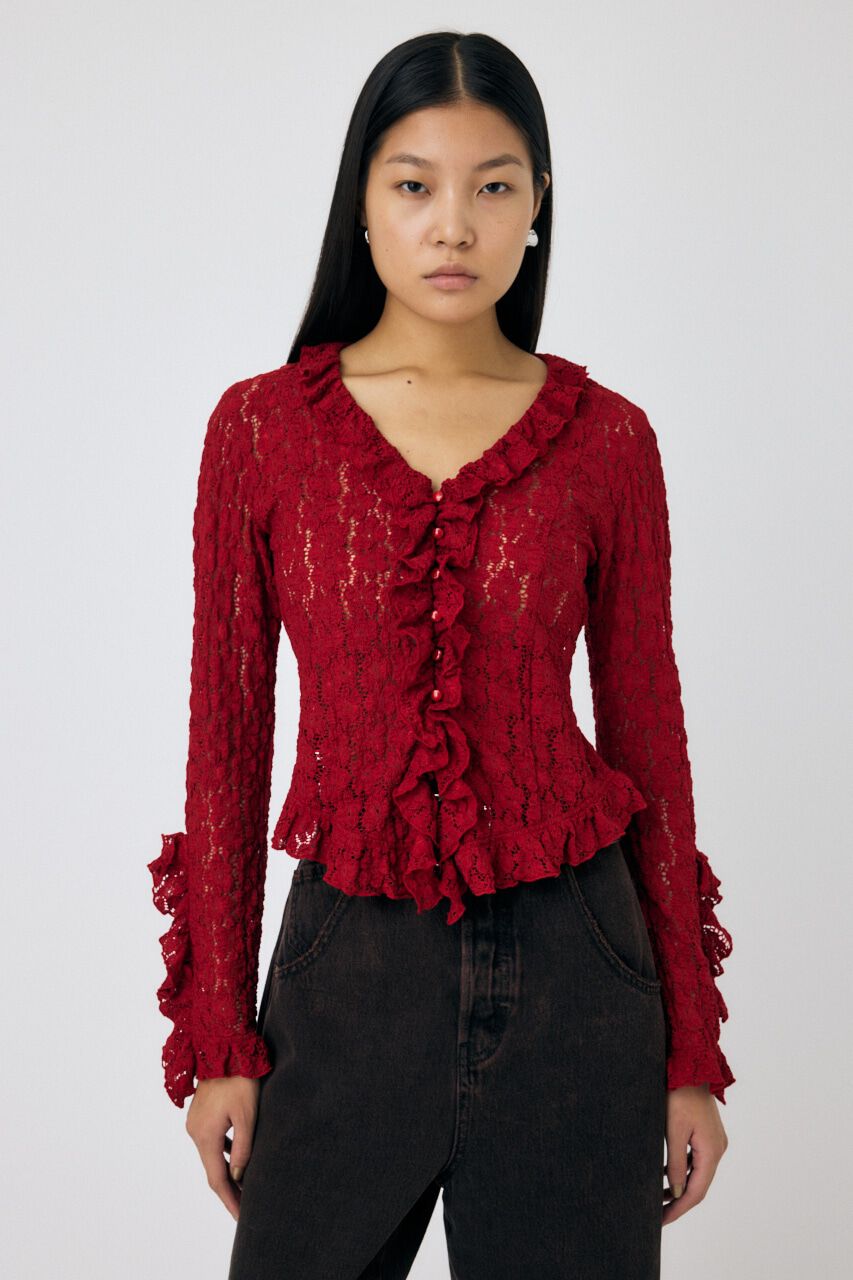 MOUSSY「CUT LACE RUFFLE ブラウス」|Tシャツ・カットソー|RED