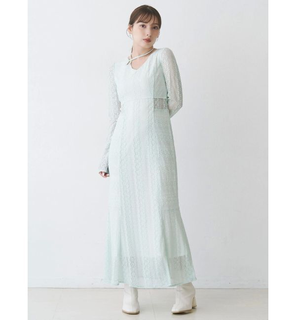 MERCURYDUO「カットレースブロッキングフレアスリーブマーメイドワンピース」|ワンピース|