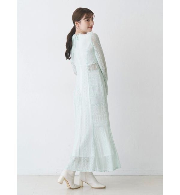 MERCURYDUO「カットレースブロッキングフレアスリーブマーメイドワンピース」|ワンピース|