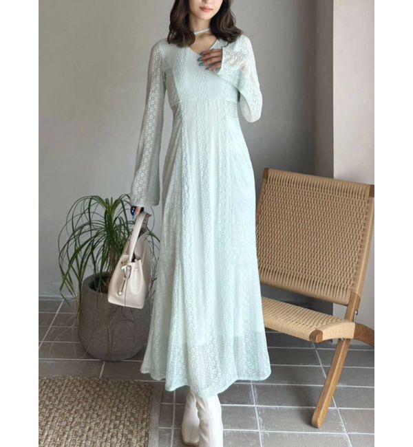MERCURYDUO「カットレースブロッキングフレアスリーブマーメイドワンピース」|ワンピース|ミントグリーン