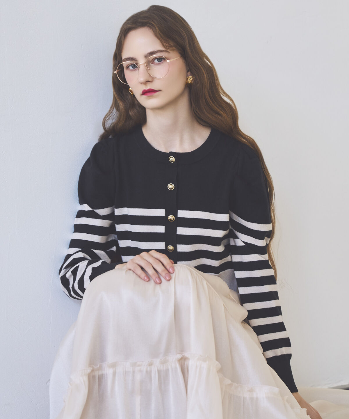 アンドクチュール「パワショルクルーネックカーディガン」|カーディガン|black/borderｽﾄﾗｲﾌﾟ