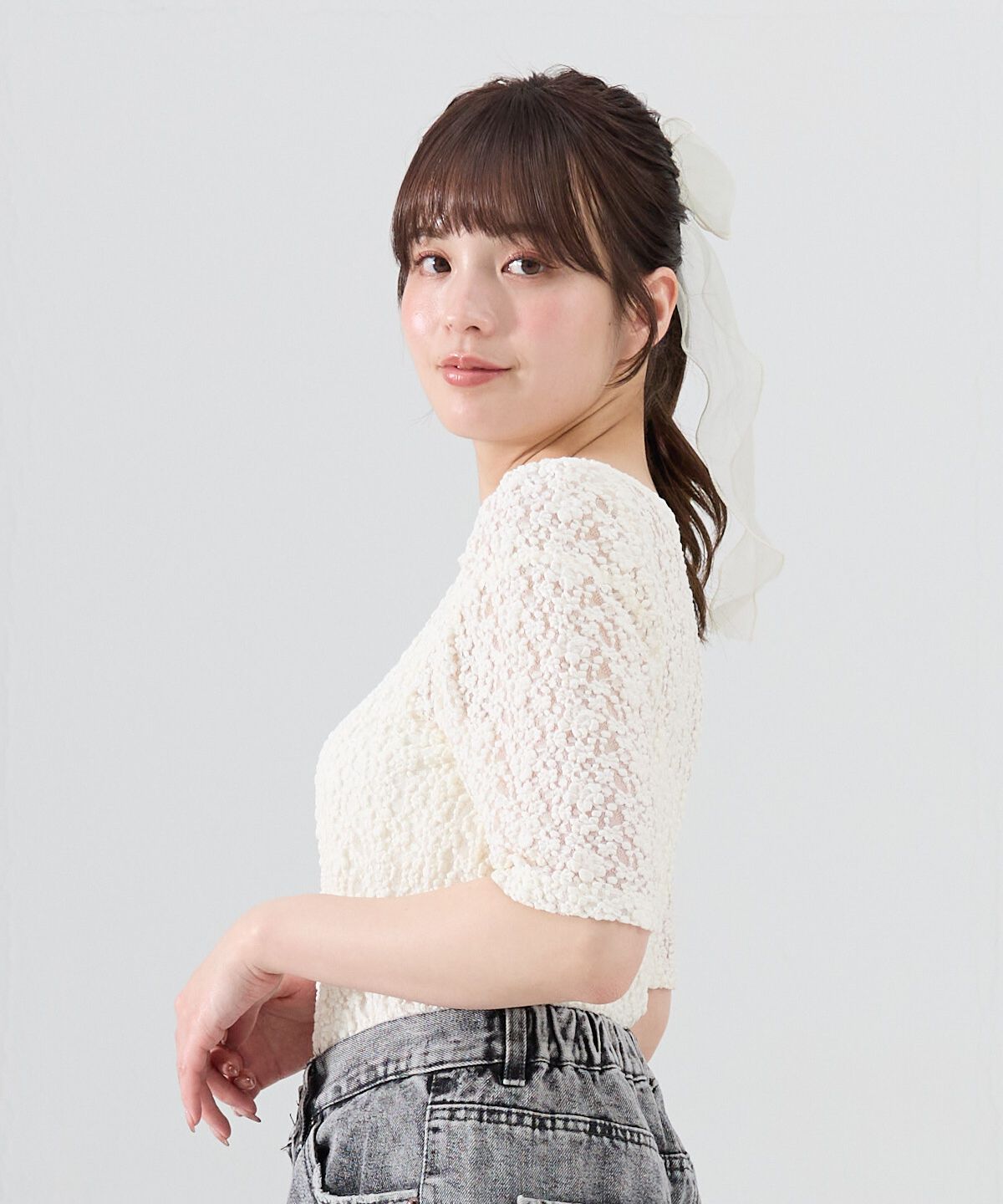 REDYAZEL「フラワーレース5分袖トップス」|Tシャツ・カットソー|