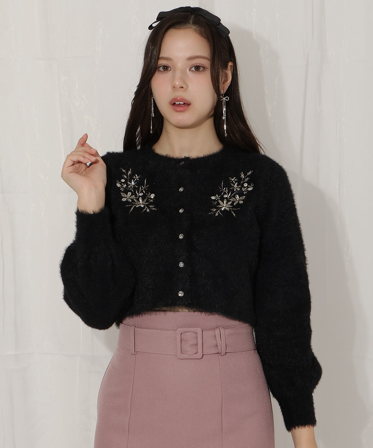 WILLSELECTION「ビジュー付きラメ刺繍カーディガン」|カーディガン|ブラック