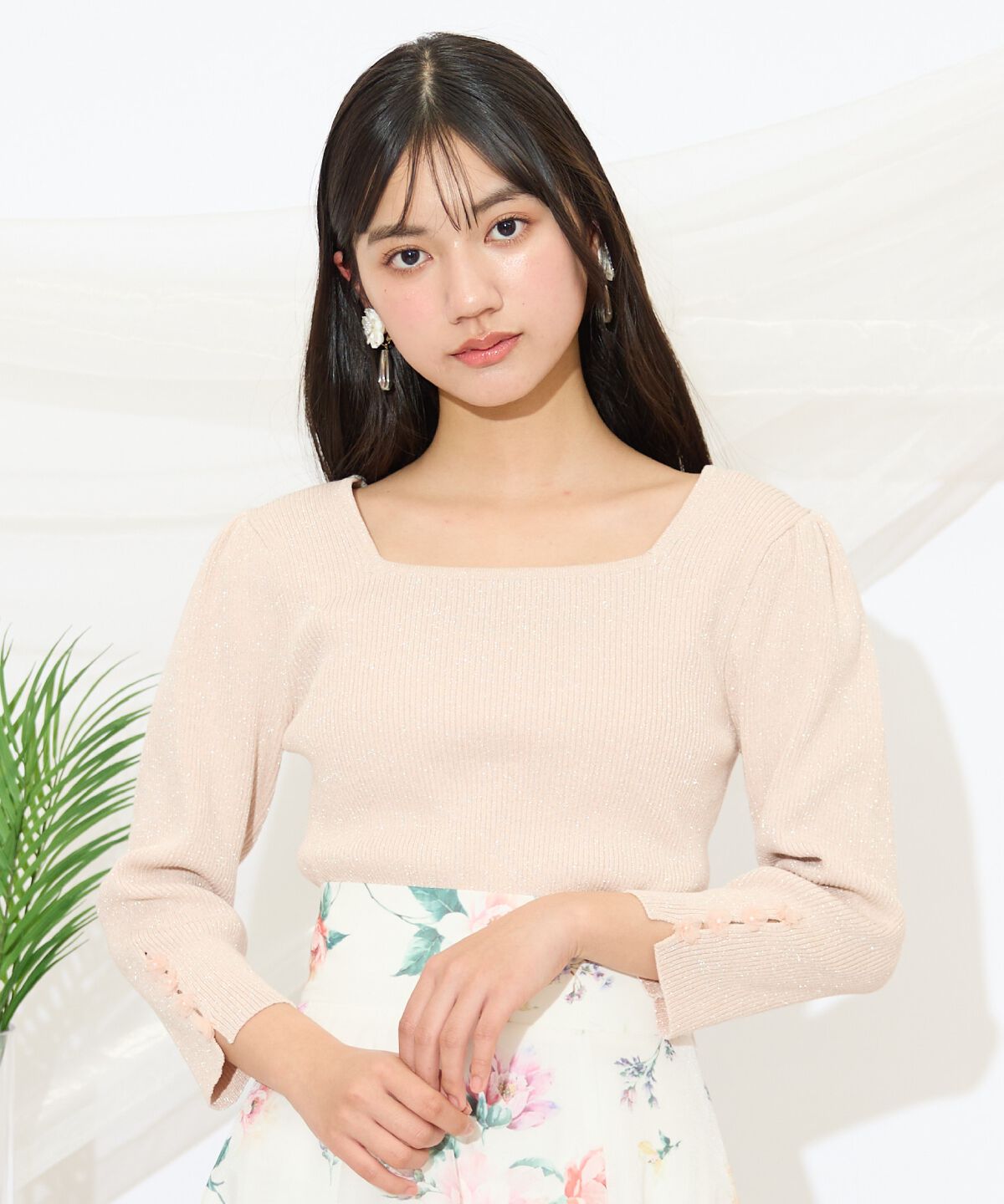 WILLSELECTION「袖フラワーラメ7分袖ニットプルオーバー」|ニット・セーター|ベージュ