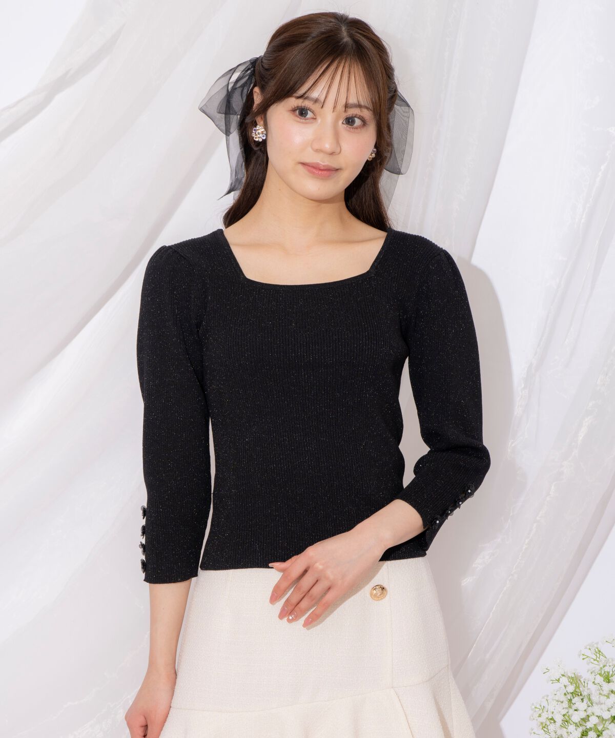 WILLSELECTION「袖フラワーラメ7分袖ニットプルオーバー」|ニット・セーター|