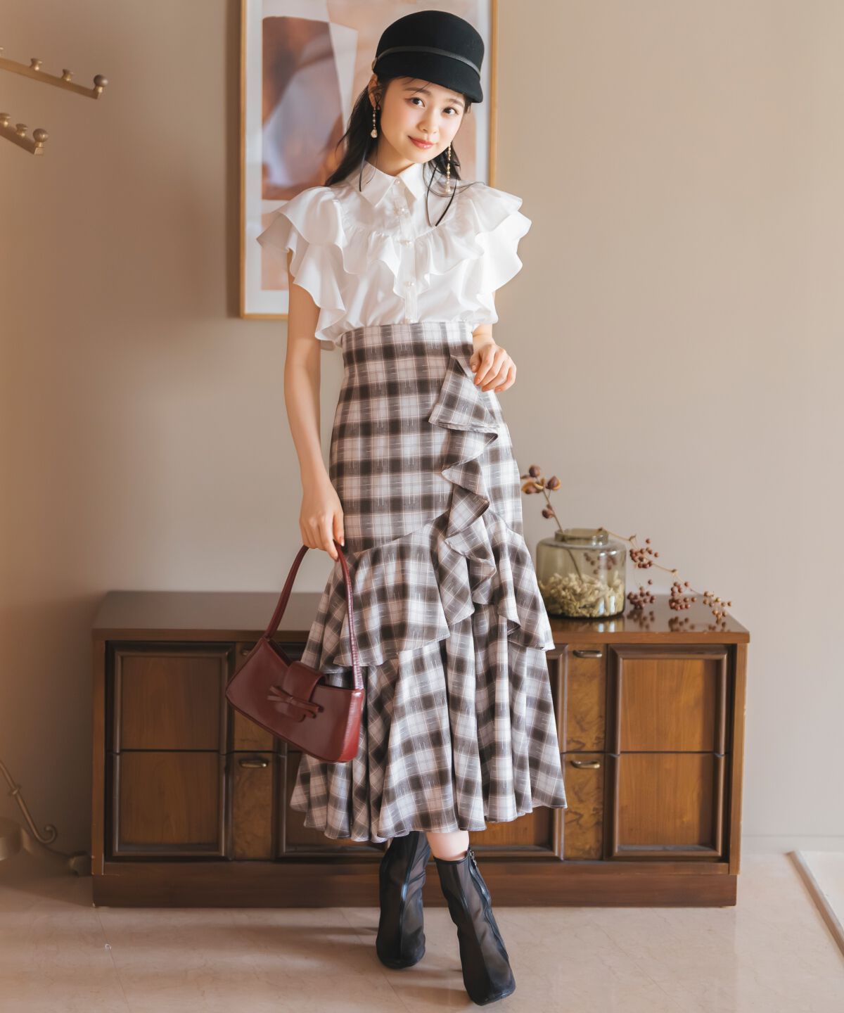 WILLSELECTION「ラッフルティアードヘムスカート」|タイト|茶系チェック