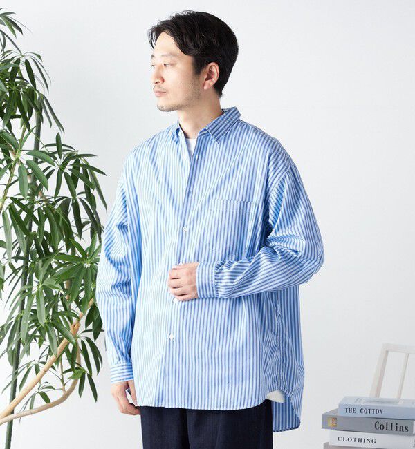 SHIPS any「SHIPS any: オーバーサイズ レギュラーカラー チェック／ストライプ 長袖 シャツ◇」|シャツ・ブラウス|ライトブルー