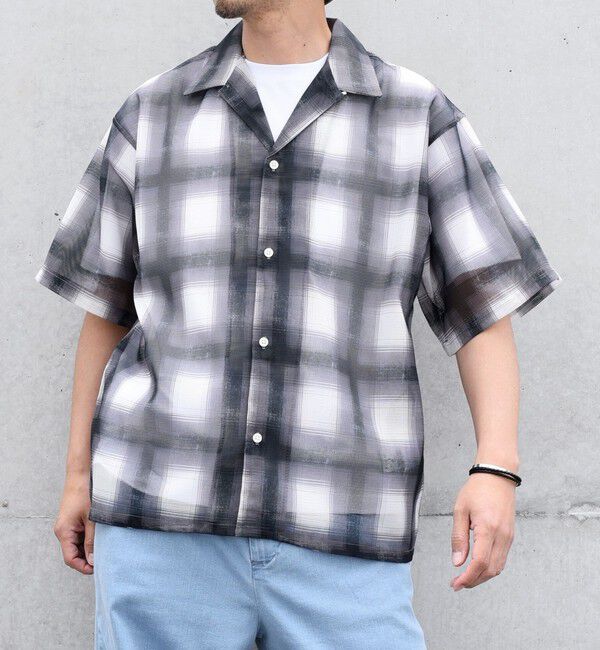 SHIPS any「SHIPS any: メッシュ オンブレチェック / ウェーブ パターン オープンカラー シアー シャツ◇」|シャツ・ブラウス|