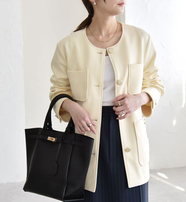 quaranciel「quaranciel:〈手洗い可能〉ジャージー ゴールドボタン クルーネック ジャケット」|ノーカラージャケット|